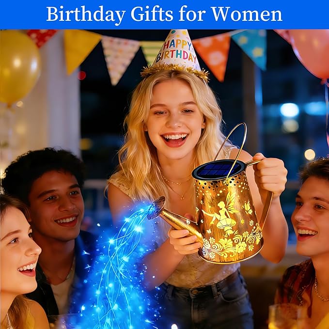 YJFWAL Solar Watering can with Lights, Gardening Gifts for Mothers Day Mom Grandma Women Birthday, Waterproof Watering Can with Cascading Lights Outdoor Decor for Garden Patio Yard Pathway (Blue)