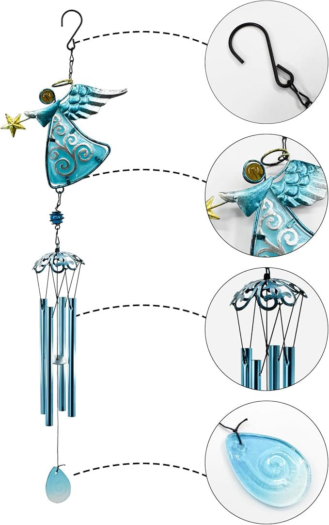 MrMrKura Angel Wind Chimes, 31.5” Angel Metal Wind Chimes for Outside with Metal Tubes & S Hook for Home Garden Decoration Christmas Decoration Hanging Ornament Wind Bell Gifts for Mom (Blue)