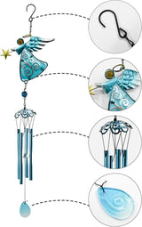 MrMrKura Angel Wind Chimes, 31.5” Angel Metal Wind Chimes for Outside with Metal Tubes & S Hook for Home Garden Decoration Christmas Decoration Hanging Ornament Wind Bell Gifts for Mom (Blue)