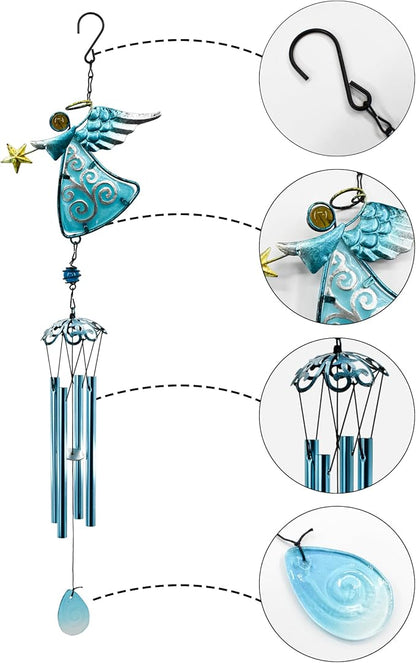 MrMrKura Angel Wind Chimes, 31.5” Angel Metal Wind Chimes for Outside with Metal Tubes & S Hook for Home Garden Decoration Christmas Decoration Hanging Ornament Wind Bell Gifts for Mom (Blue)