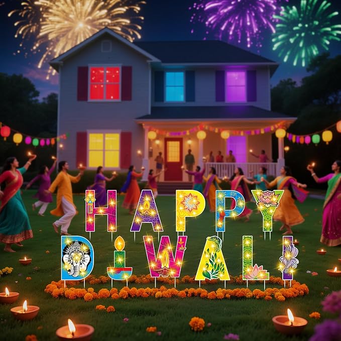 11 Pcs Happy Diwali Yard Stake Sign with LED String Lights Diwali Outdoor Decorations Festival of Indian Lights Party Stakes for Yard Lawn Decor Garden Pathway Decor Photo Booth Props
