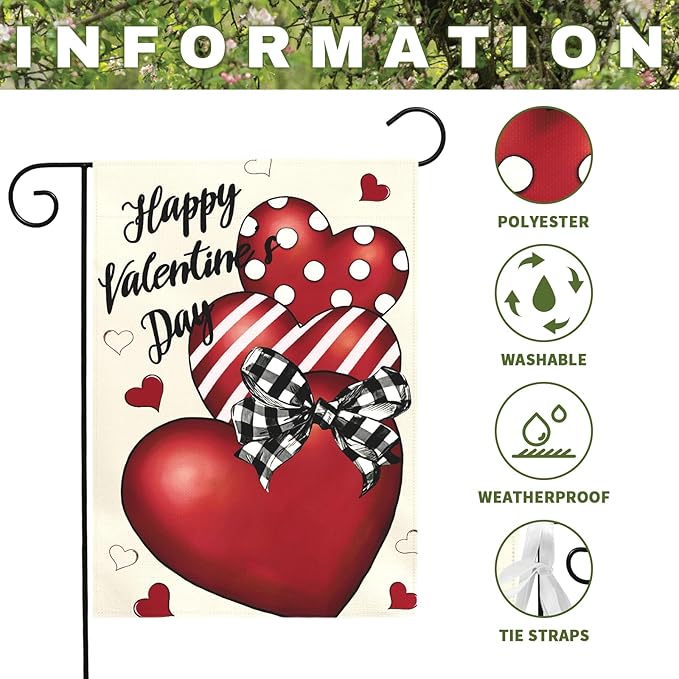 Valentines Day Garden Flag 12x18 Double Sided Happy Valentine’s Day Yard Banner with Red Hearts Polka Dot & Striped Love Heart Buffalo Plaid Bow Romantic Outdoor Decor for Porch Lawn Patio