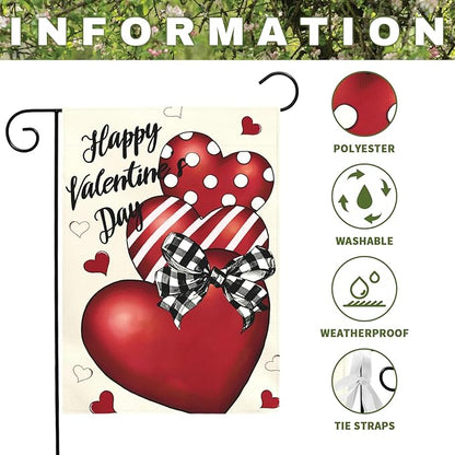 Valentines Day Garden Flag 12x18 Double Sided Happy Valentine’s Day Yard Banner with Red Hearts Polka Dot & Striped Love Heart Buffalo Plaid Bow Romantic Outdoor Decor for Porch Lawn Patio