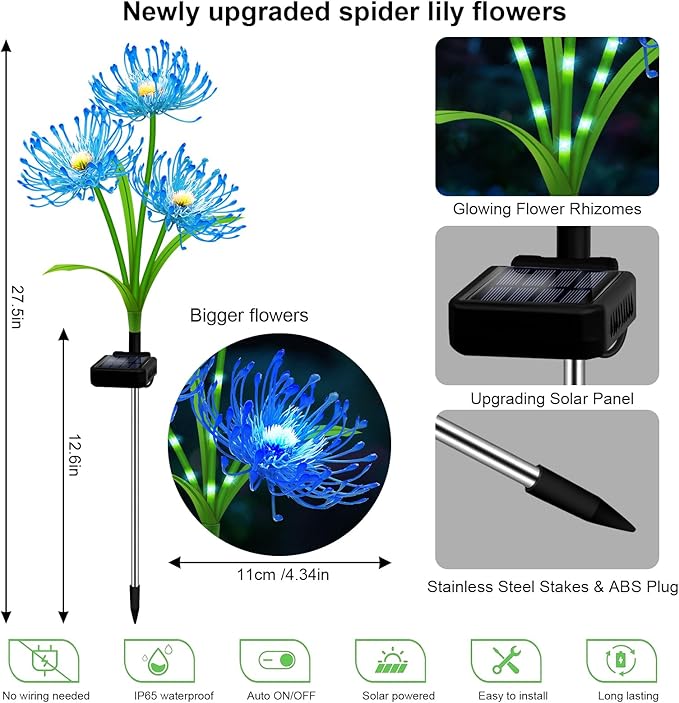 Solar Garden Flower Lights Outdoor, 8 Pack Blue Spider Lily Solar Lights with Glowing Stems, IP65 Waterproof LED Yard Decor for Patio Lawn Pathway, Mother's Day Valentine Gifts for Women Mom Grandma