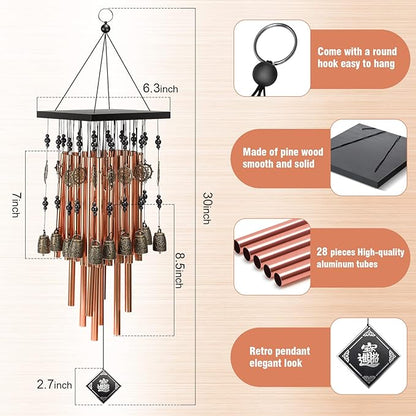 Wind Chimes for Outside,30" Memorial Wind Chimes with 28 Pieces Tubes and 16 Copper Bell for Garden, Patio,Window Hanging Decoration, Bronze Memorial Sympathy Gifts for Mom