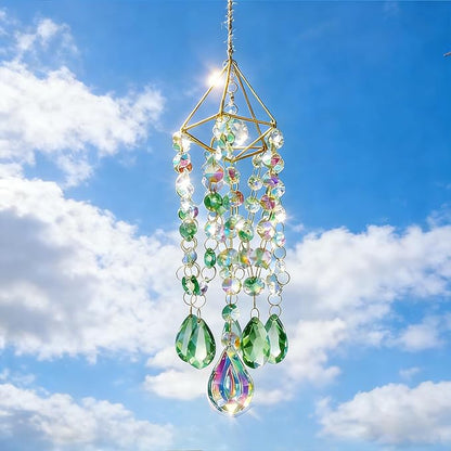 Green & Iridescent Crystal Suncatcher Prism, Handmade Gold-Plated Frame with K9 Crystal Beads, Window Hanging Decor for Home, Garden, Wedding