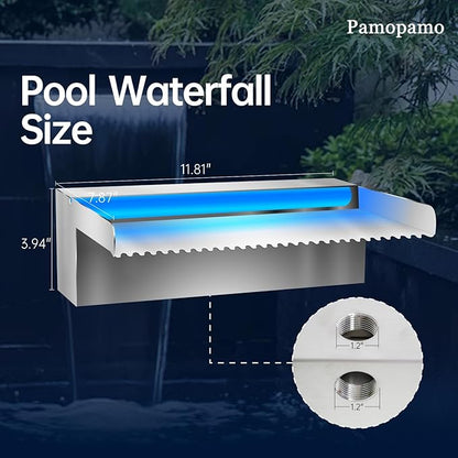 Pamopamo Pool Waterfall Spillway Stainless Steel Koi Pond Fountain, APP Control LED Lighted Waterfalls Kit, Outdoor Water Flow Fountains for Garden Swimming Pool Decoration-11.8"x7.8"x3.9"