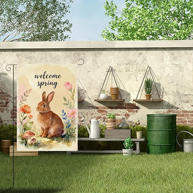 Hello Spring Bunny Easter Garden Flag Oil Painting Rabbit Boho Easter Garden Flag Decor Spring Double Sided House Flag for Outside Yard Decorations 12×18 Inch