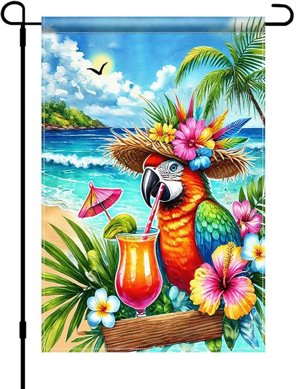 BlissYard Summer Parrot Garden Flag 12x18 Double Sided Tropical Bird Yard Flag Red Parrot Welcome Banner Outdoor Beach Palm Tree Decor Summer Garden Decorations for Home Lawn Patio Porch