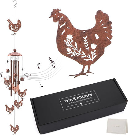 Chicken Wind Chimes for Outside - Metal Windchimes Outdoors Chicken Gifts Rooster Garden Decor with Greeting Card for Women Men Mom Grandma Birthday Home Patio Porch Backyard Yard Decoration
