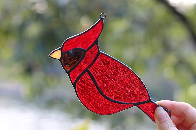 BOXCASA Red Cardinal Suncatcher for Window, Handmade Stained Glass Hanging, Memorial Gift for Loss of Loved One, Bird Decor for Women Mom Grandma Nana