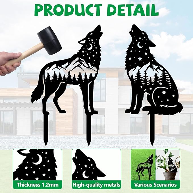 GLOBLELAND 2 Pcs Wolf Garden Stakes Animals Metal Decorative Garden Stakes Metal Yard Signs Decoration for Lawn Patio Yard Garden Decor