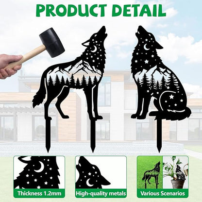 GLOBLELAND 2 Pcs Wolf Garden Stakes Animals Metal Decorative Garden Stakes Metal Yard Signs Decoration for Lawn Patio Yard Garden Decor