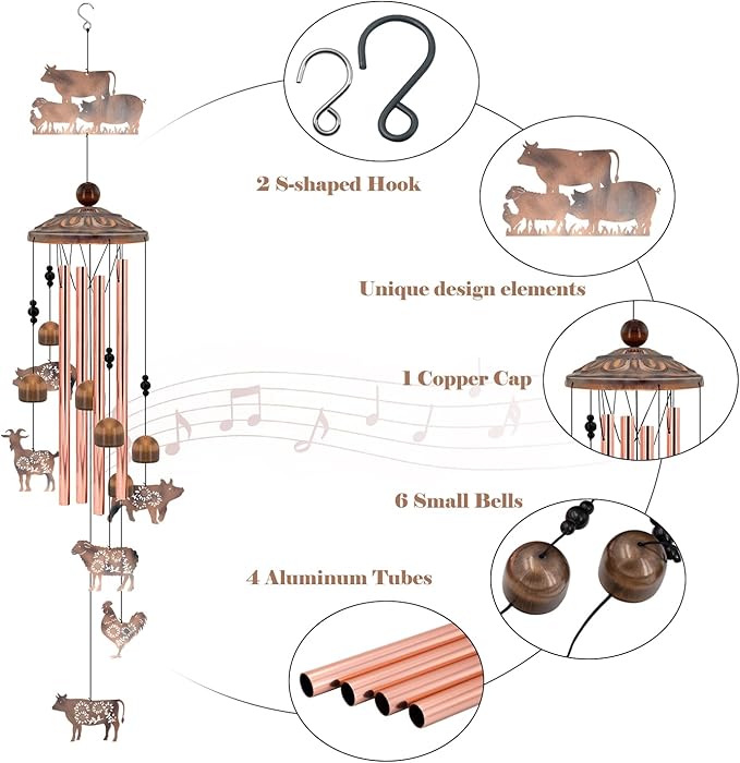 Farm Animal Wind Chimes Gifts for Women Men, Farmhouse Decor for Outside Garden Patio, 35 Inch Vintage Metal Cow Pig Chicken Sheep Goat Wind Chimes