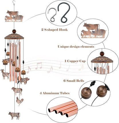 Farm Animal Wind Chimes Gifts for Women Men, Farmhouse Decor for Outside Garden Patio, 35 Inch Vintage Metal Cow Pig Chicken Sheep Goat Wind Chimes