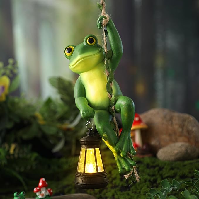 Kathfly Solar Light Hanging Frog Figurine with LED Lantern 7.48 Inch Waterproof Resin Cute Frog Climbing on Vine with Hook for Yard Garden Wall Decor Mother's Day Housewarming Gift