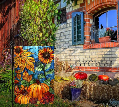 Fall Pumpkin Garden Flag for Outside 12x18 Inch Double Sided Stained Glass Burlap Autumn Thanksgiving Yard Flags for Farmhouse Rustic Holiday Decorations