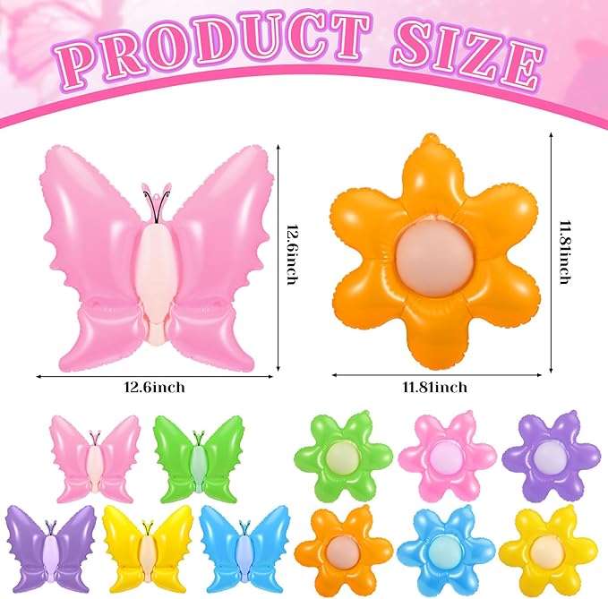 Realspring 12 Pcs 12 Inch Spring Inflatable Outdoor Decorations Butterfly Flowers Inflatable Hanging Ornament Large PVC Spring Butterfly Flowers Blow up Yard Party Indoor Outdoor Decor