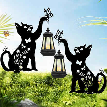 Black Cat Solar Lights Outdoor Garden - 2 Pack Solar Lights Outdoor Garden Decor Stake with Butterfly Decorative Metal Housewarming Ornament for Yard Lawn Patio – Unique Gift Ideas for Christmas