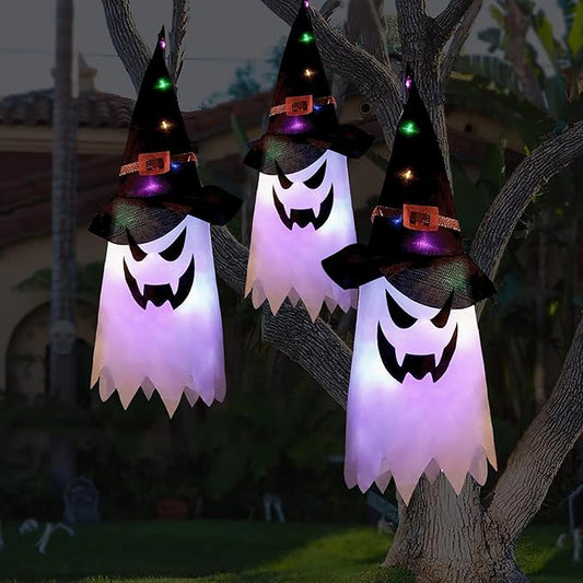 BokingOne Halloween Decorations Outdoor 3Pcs Large Size Hanging Lighted Glowing Ghost Witch Hat Decor with Lights String for Party Indoor Outside Ornaments and Yard Tree Garden
