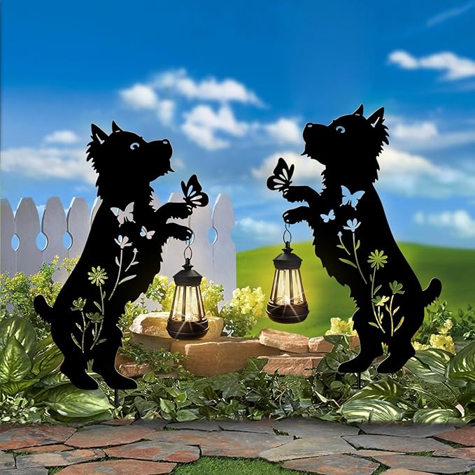 Solar Lights Outdoor Pathway,2 Pack Metal Yorkie Decor with Solar Lantern Garden Stakes,Outside Decorations for Yard,Lawn,Patio,Perfect Dog Gifts for Women