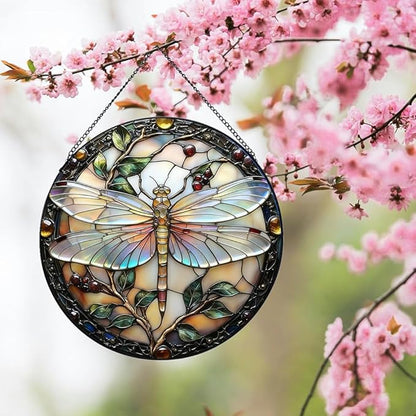 Stained Glass Window Hanging, Dragonfly Plant Suncatcher for Window Doors Garden Home Decoration, Colorful Glass Panel Ornaments for Women,Men,Wife, Lovers, and Mom 7.8x7.8 in