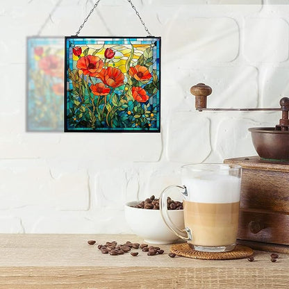 Poppy Hanging Stained Glass Suncatcher for Windows, 20cm/7.87inch Window Suncatcher Hanging Ornaments Wall Art,Hand-Painted Glass Panel Home Decor for Mom Grandma