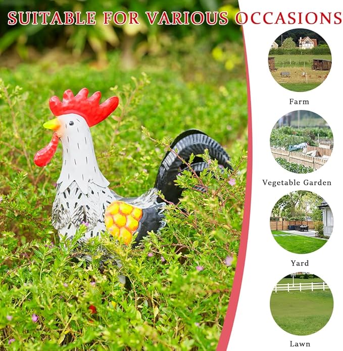 Metal Rooster Garden Statue, 12'' Funny Chicken Outdoor Statue Yard Art Decor, Waterproof Rooster Lawn Ornaments for Garden, Lawn, Farmhouse(White)
