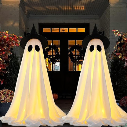 [Timer] 2Packs Halloween Decorations Outdoor, Cute Halloween Decorations Indoor, Spooky Ghost Halloween Decor with Witch Hat, Scary Ghosts Decor with LED Lights for Front Porche Yard Garden Home