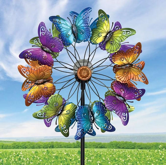 Bits and Pieces - LED Butterfly Solar Wind Spinner-Solar Powered Glass Ball Emits Color-Changing Light - Made of Metal and Steel