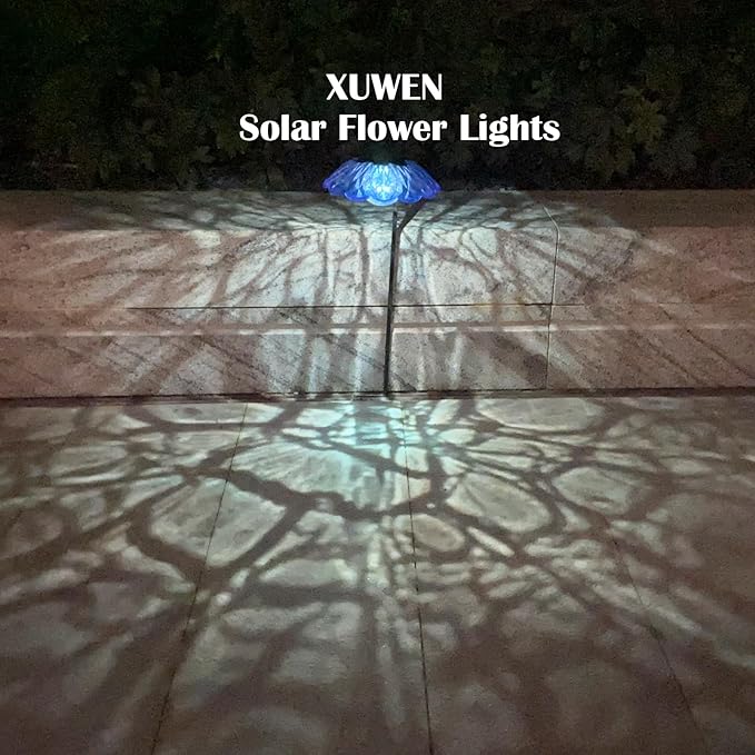XUWEN Solar Lights Outdoor Waterproof - Blue Solar Flower Light with Crackle Globe Glass Light, Hanging Lanterns Decorative Outdoor for Yard Walkway Lawn Fence,Christmas Housewarming Gifts for Women.