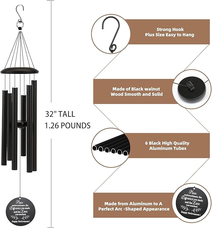 Retirement Gift for Woman Men, 32" Wind Chimes Retirement Gifts, Happy Retirement Gifts for Coworker Colleague Boss Teachers Nurses Friends, Going Away Gifts Retirement Decorations (Black)