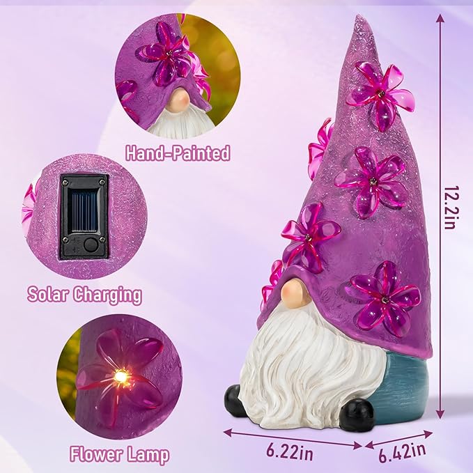 twinbling Solar Garden Outdoor Statues Gnome with Green Flower Lights, Resin Lawn Decor, Gnomes Decorations for Yard, Patio, Home, Balcony (Purple)