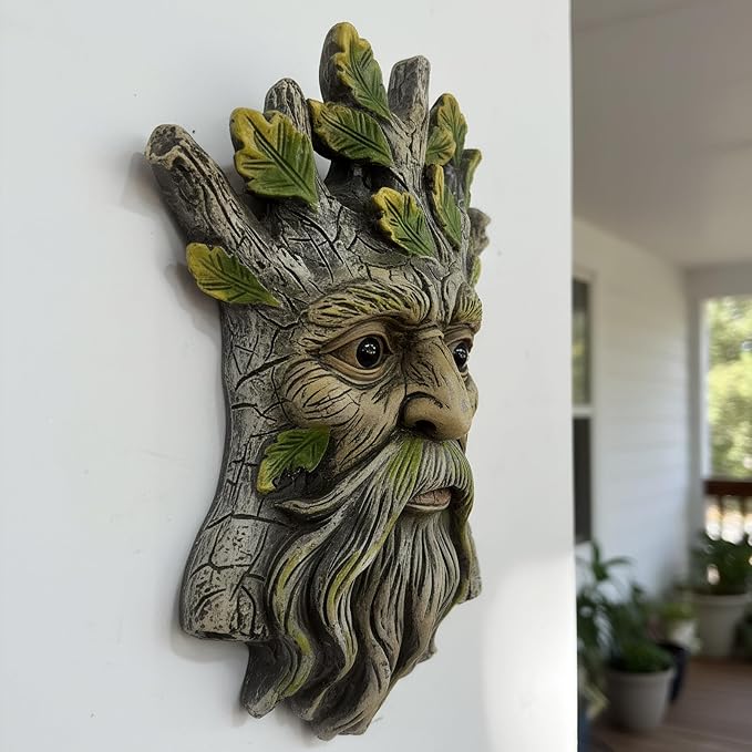Old Man Tree Face Hugger Outdoor Decor, Handmade Tree Art Resin Statue with Leaf & Root Details, Whimsical Hanging Yard Art for Garden Wall Fence