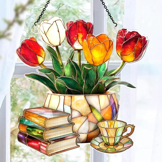 Jesuspirit - Window Hanging Suncatcher – Crystal Clear Acrylic & Wood Sun Catcher for Home Decor, for Women (Nostalgic Tulips, Books, and Tea -, 8 Inches)