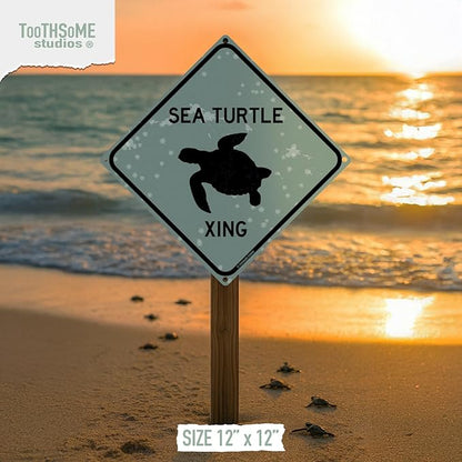 Sea Turtle Xing 12" x 12" Tin Pool Sign Beach House Road Crossing Plaque Home Decor