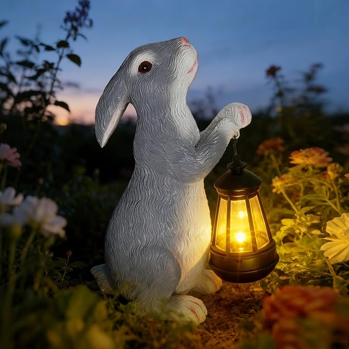 Solar Rabbit Garden Statue with Glowing Lantern - Weatherproof Resin Outdoor Decor for Yard, Patio, Lawn & Balcony, Unique Housewarming, Easter & Birthday Gift for Women, Mom, Grandma