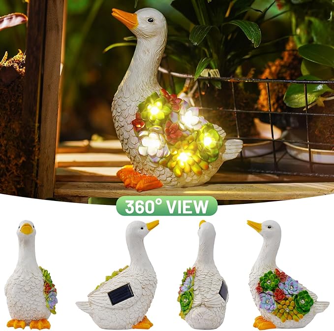 Solar Powered Duck Garden Statue with Succulents & LED Lights – Whimsical Resin Outdoor Decor for Patio, Lawn & Gift