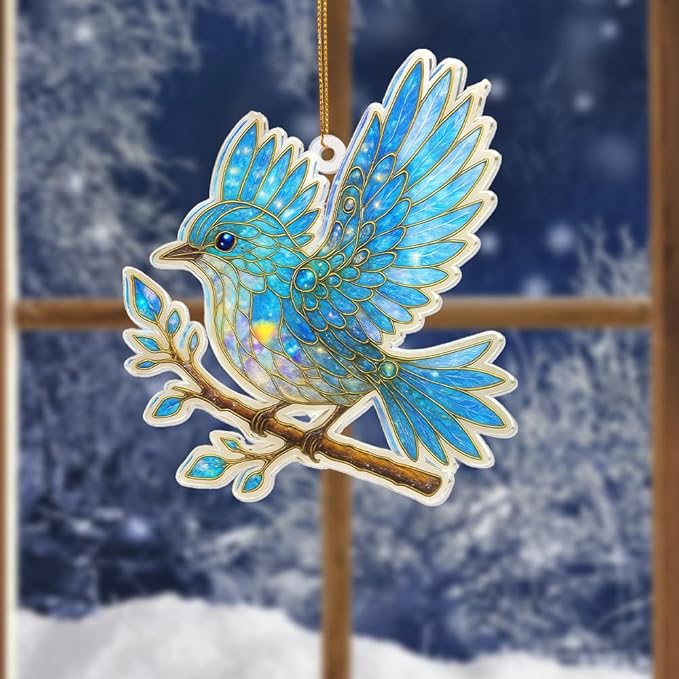 Blue Bird Stained Glass Ornament Acrylic Window Hanging Suncatcher – Bird Lover Gifts, Wildlife Animal Decor for Christmas Tree, Rearview Mirror, Garden, Home Accessories, Unique Gifts for WomenSun-17