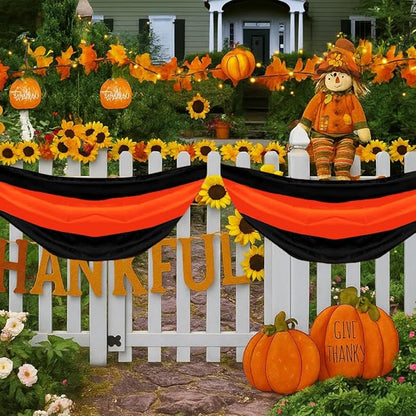 Fall Bunting Thanksgiving Day Décor Autumn Banner Halloween Bunting Flag- 3 Stripe Orange & Black Bunting Flags Trick or Treat Decor Outside Wall Garden Porch Indoor Home - 24" x 240"