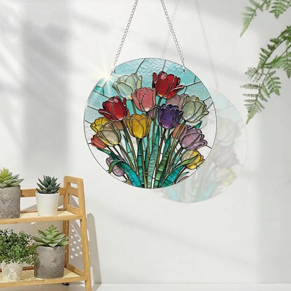 Tulips Suncatchers Windows Hanging, Acrylic Hanging Sun Catcher, Colorful Window Decoration, Indoor Windows Wall Art, Home Garden Decor, Gift for Flower Lover Women Mother's Day Christmas
