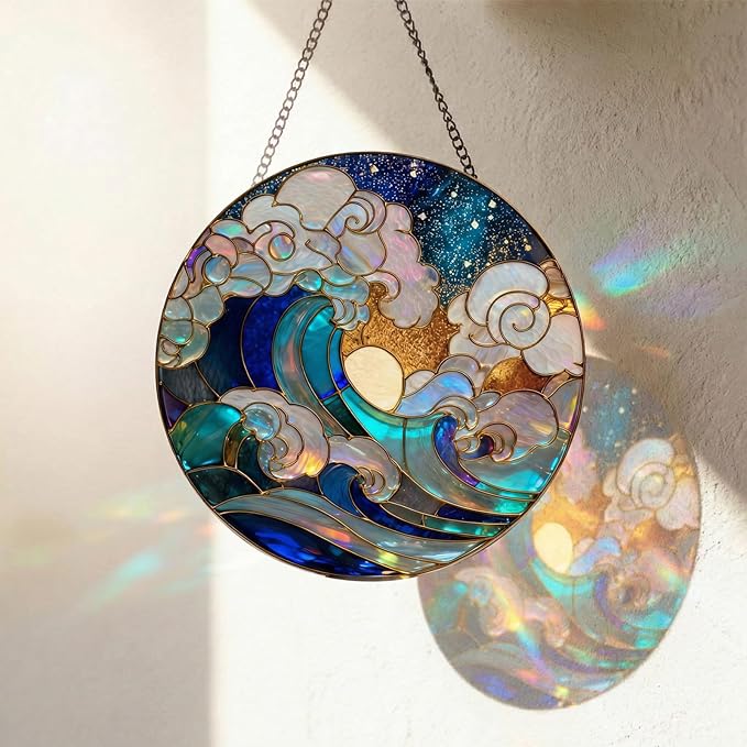 Stained Glass Window Hanging – Colorful Waves and Clouds Design Sun Catcher Glass Panel, Blue & Gold Suncatcher Decor for Birthday, Women, Men, Wife, Aunt, and Mom – 7.8 inches