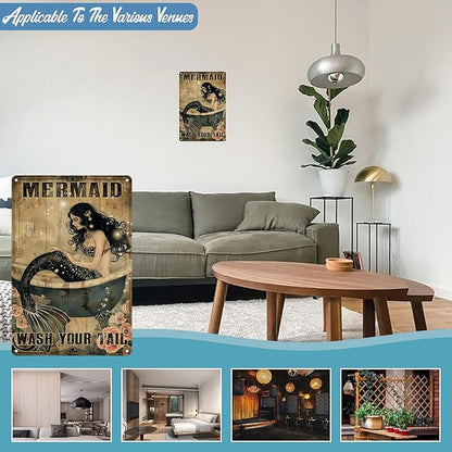 Mermaid Decor Gifts Funny Bathroom Decor Wall Art Coffee Bar Vintage Metal Tin Sign Wash Your Tail Office Home Toilet Signs Wall Decor 8x12 inch