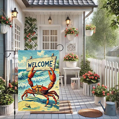 Welcome Crab Garden Flag Spring Summer Grden Flags Vertical Double Sided Small Burlap beach Patio Lawn Holiday Yard Outdoor Decorations 12x18 Inch