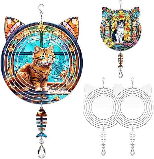 4Pack 8 inch Sublimation Wind Spinner Blanks 3D Aluminum Metal Wind Sculpture Kinetic Spinners for Yard and Garden Indoor Art Ornaments Hanging Decoration (Cat)