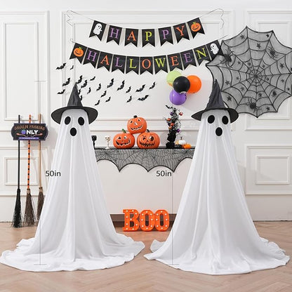 [Timer] 2Packs Halloween Decorations Outdoor, Cute Halloween Decorations Indoor, Spooky Ghost Halloween Decor with Witch Hat, Scary Ghosts Decor with LED Lights for Front Porche Yard Garden Home