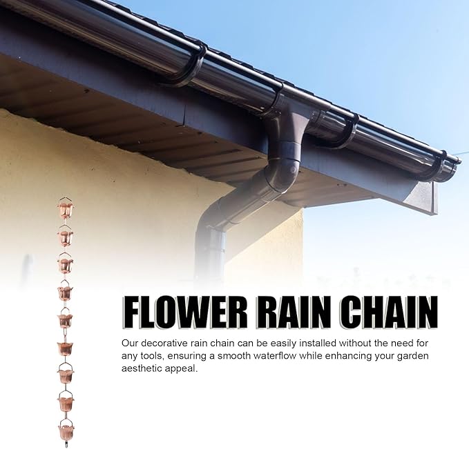 Luqeeg 1 m Length 9 Morning Glory Rain Chain, Copper Decorative Rainwater Collection Chain with a Triangular Hook with Flared Design for Smooth Water Flow Downspout Replacement