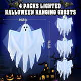 4 Pack Halloween Light up Hanging Ghost Decoration Outdoor, Cute Halloween Decor 31.5" Flying Ghosts with Blue LED Light and Timer for Front Yard Porch Patio Lawn Garden Party Decor Indoor Outdoor