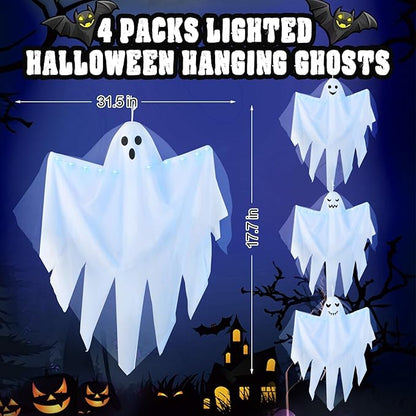 4 Pack Halloween Light up Hanging Ghost Decoration Outdoor, Cute Halloween Decor 31.5" Flying Ghosts with Blue LED Light and Timer for Front Yard Porch Patio Lawn Garden Party Decor Indoor Outdoor