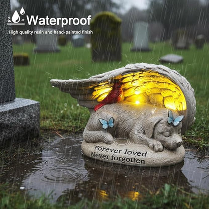 Dog Memorial Stone with Solar Lights Angel Wings Cardinal Butterfly 8 Inch, Pet Grave Markers Sleeping Statue Pet Loss Sympathy Gift Waterproof Resin for Outdoor Cemetery Garden Decor